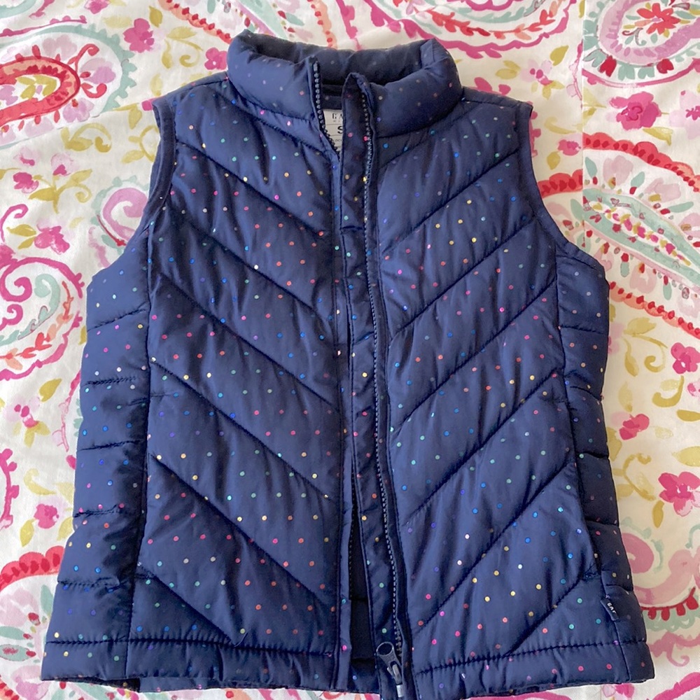 GAP Kids Size S Girls Puffer Vest Navy Blue and Colorful Metallic Polka Dots